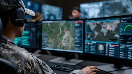 Defensive strategist reviewing battlefield VR simulation data on digital screens analyzing mission outcomes and adapting plans for enhanced operational preparedness.
