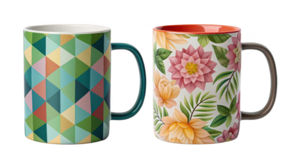 Two colorful coffee mugs with different designs isolated on black background isolated on transparent background
