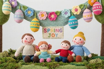 Obraz premium A joyful family of knitted figures sits together on a grassy area, surrounded by spring decorations. Colorful eggs and flowers hang above, enhancing the festive atmosphere