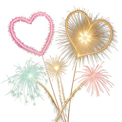 Heart Shaped Fireworks and Sparklers with Colorful Bursts, Festive and Romantic Celebration Elements Isolated on White Background