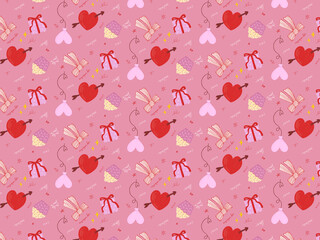 Seamless Valentine Love Pattern with Hearts Gifts and Cute Icons on Pink Background