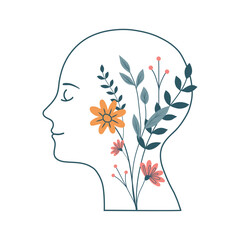 Mental Health Concept Human Head with Flowers and Nature Elements
