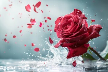 Beautiful red rose splashing in water with falling petals, creating a refreshing and romantic scene