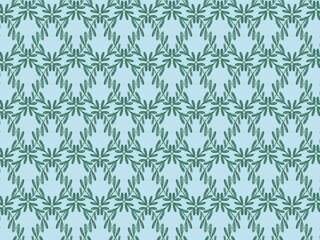 Seamless Green Botanical Geometric Pattern with Hand Drawn Leaves on Blue Background