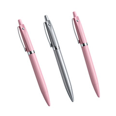 Three modern retractable ballpoint pens in pink and gray