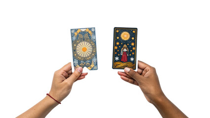 Hands holding two tarot cards isolated on transparent background