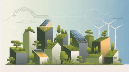 Sustainable cityscape with renewable energy sources and lush greenery