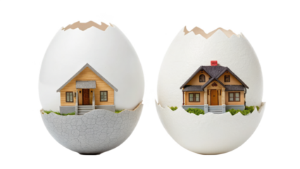 Broken eggshells with small house illustrations inside isolated on transparent background