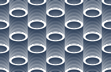 Tubes seamless pattern, optical style 3D pipes vector abstract background, line cylinders geometric tiling wallpaper, trippy op art.