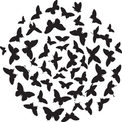 Butterfly Swarm Silhouette &ndash; Elegant Flying Butterflies Black Vector on White.