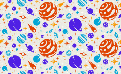 Space seamless background, vector planets and comets flying in cosmos endless wallpaper, astronomy for children tiling pattern, elements easy to use separately.
