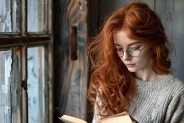 Fototapeta premium Beautiful redhead student wearing eyeglasses reading a book near the window in an old house