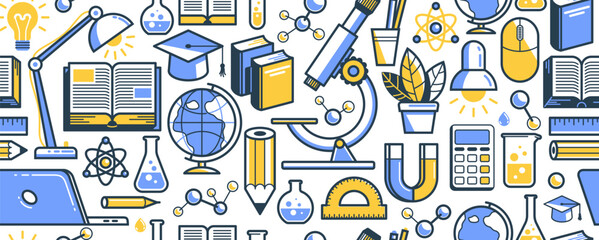 Education seamless background, vector endless pattern wallpaper with a lot of elements on study and learning theme, can be used separately like an icon.