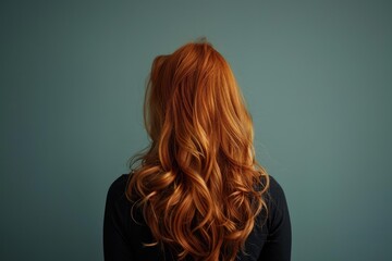 Fototapeta premium Studio shot of a woman with long, wavy, red hair showing her back to the camera against a teal background