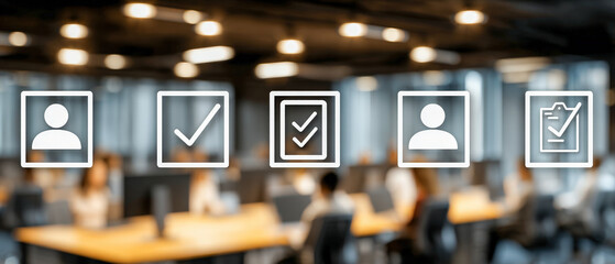 Corporate compliance training session with floating rules, checkmarks and certificate icons