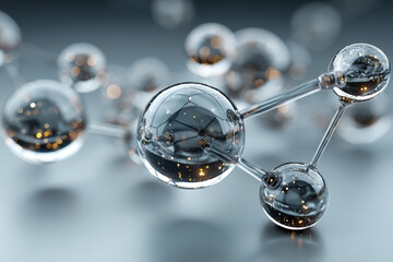 Transparent glass spheres linked by metal rods forming modern financial network graph structure