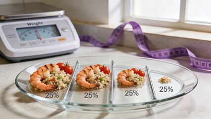 Shrinking food portions on a plate with a weight scale and measuring tape, symbolizing diet and weight loss efforts.