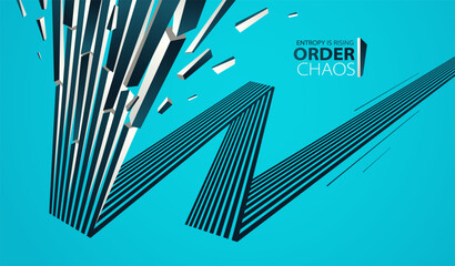 Debris particles exploding in chaos vector abstract background, entropy is rising to decay and disorder, elements flying in motion, 3D wallpaper.