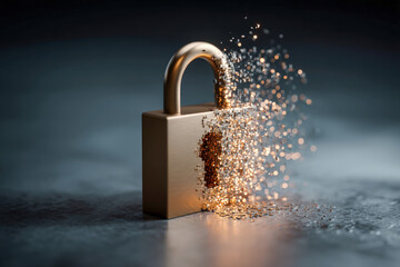 Metal padlock dissolving into pixel cubes, cybersecurity encryption and data protection icon