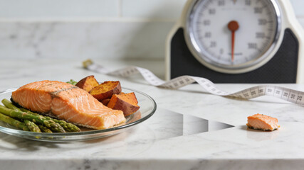 Shrinking food portions on a plate with a weight scale and measuring tape, symbolizing diet and weight loss efforts.