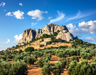 Idyllic Landscape - Mountain Peak with Olive Trees and Blue Sky.