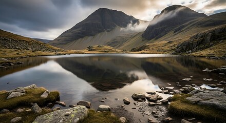 Idyllic Mountain Lake Reflection in Snowdonia National Park, Wales.