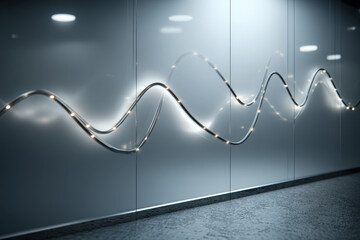 Abstract fintech concept with metal line chart floating above frosted glass surface