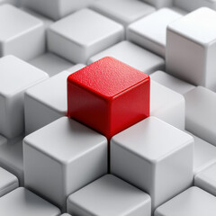 Single rotated red cube within aligned white cube grid, disruption and innovation symbol