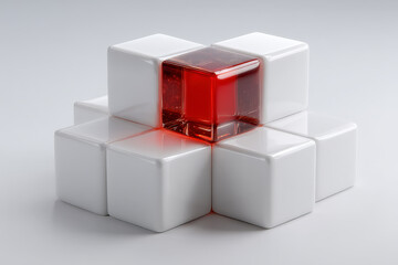 Obraz premium Stack of white ceramic cubes with a single rotated red glass block highlighting anomaly concept
