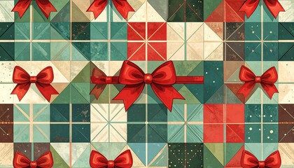 Festive holiday pattern with geometric shapes and red bows, quilt-like grid in red, green, teal, cream.