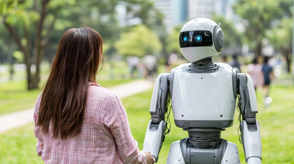 Woman holding hands with service robot in green smart city park, futuristic technology, friendly atmosphere