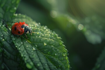 Fototapeta premium Close up of ladybug exploring green leaf with fresh dew drops, showcasing vibrant nature and delicate ecosystem