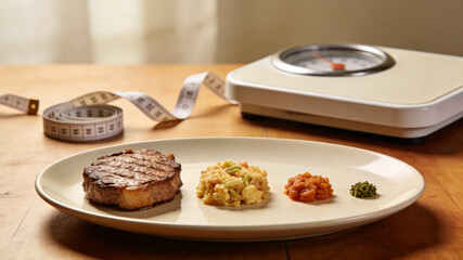 Shrinking food portions on a plate with a weight scale and measuring tape, symbolizing diet and weight loss efforts.