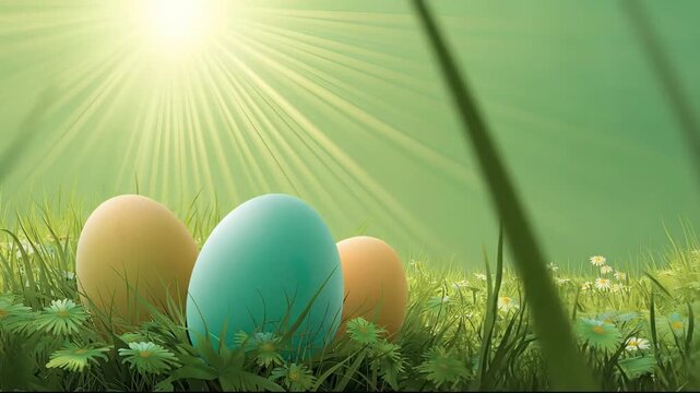 Three colorful Easter eggs in green grass meadow with white daisies and bright sun rays background