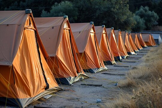 Orange camping tents standing in a row on campground at sunset