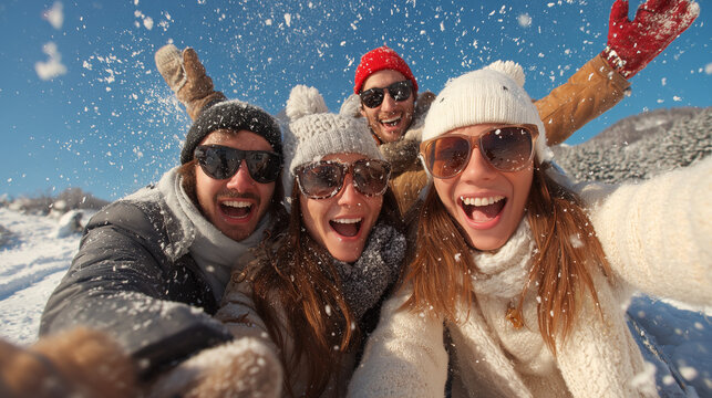 Winter Season Activities, Young Friends Taking Winter Selfie While Traveling Together Celebrating Snowy Weather Outdoor Seasonal Fun