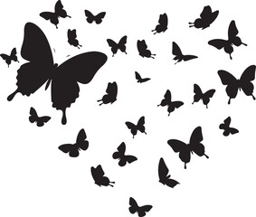 Butterfly Swarm Silhouette &ndash; Elegant Flying Butterflies Black Vector on White.
