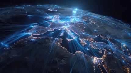 AI-powered trading network connecting continents with light beams, sci-fi futuristic, neon blue, ultra-detailed 3D render, fintech innovation.
