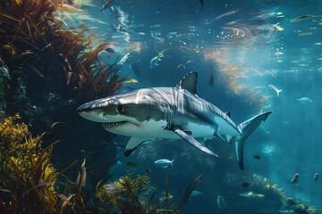 Fototapeta premium Great white shark swimming underwater in blue ocean near kelp forest
