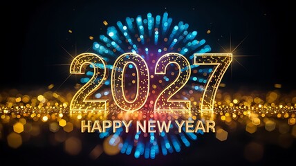 A vibrant display of golden and blue fireworks illuminates the new year 2027 with a celebratory message high quality professional detailed