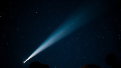 Celestial comet with iridescent tail stretching across starry darkness, framed by telescope lenses.