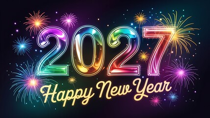 A vibrant depiction of the year 2027 celebrated with dazzling fireworks and a cheerful happy new year greeting radiates joy