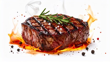 Grilled steak with rosemary, salt, pepper, and flames, on white, steaming
