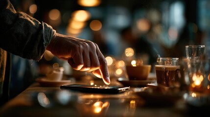 A close-up of a hand tapping on a smartphone screen with an index finger, surrounded by the soft blur of a modern cafe background