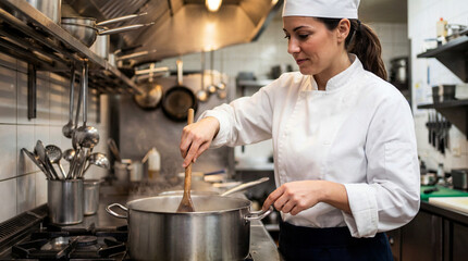 Young female chef cooking in restaurant kitchen and stirring pot  