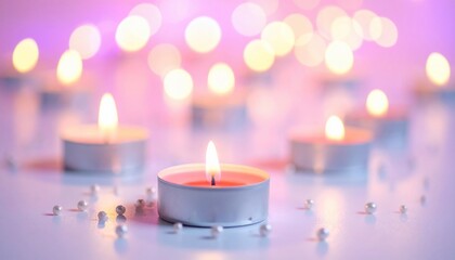 Lit candles with pearls and soft bokeh in a dreamy pink and purple illuminated scene