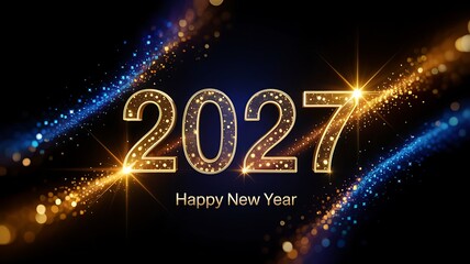 A radiant depiction of the year 2027 highlighted with golden sparkles and brilliant blue light streaks conveys new year wishes