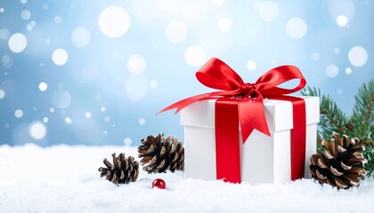 A white gift box tied with a red ribbon, adorned with pinecones and snow