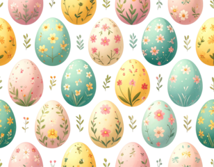 Seamless Pattern of Colorful Easter Eggs with Floral Motifs on Light Background