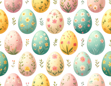 Seamless Pattern of Colorful Easter Eggs with Floral Motifs on Light Background - Powered by Adobe